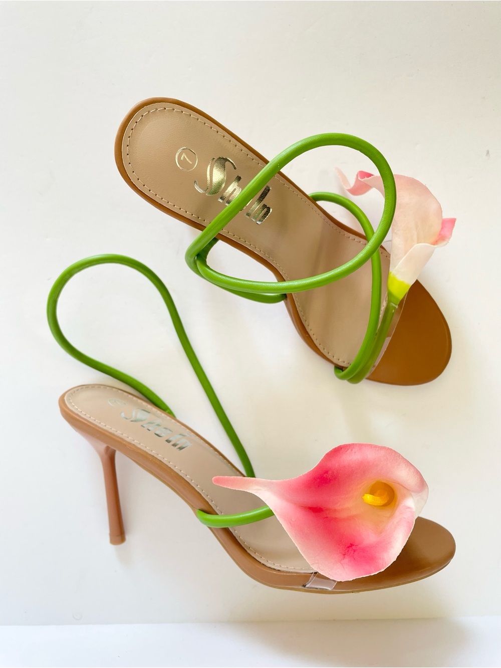 NEW Green Floral Strap Stiletto Sandal‎ heels pink lily vine